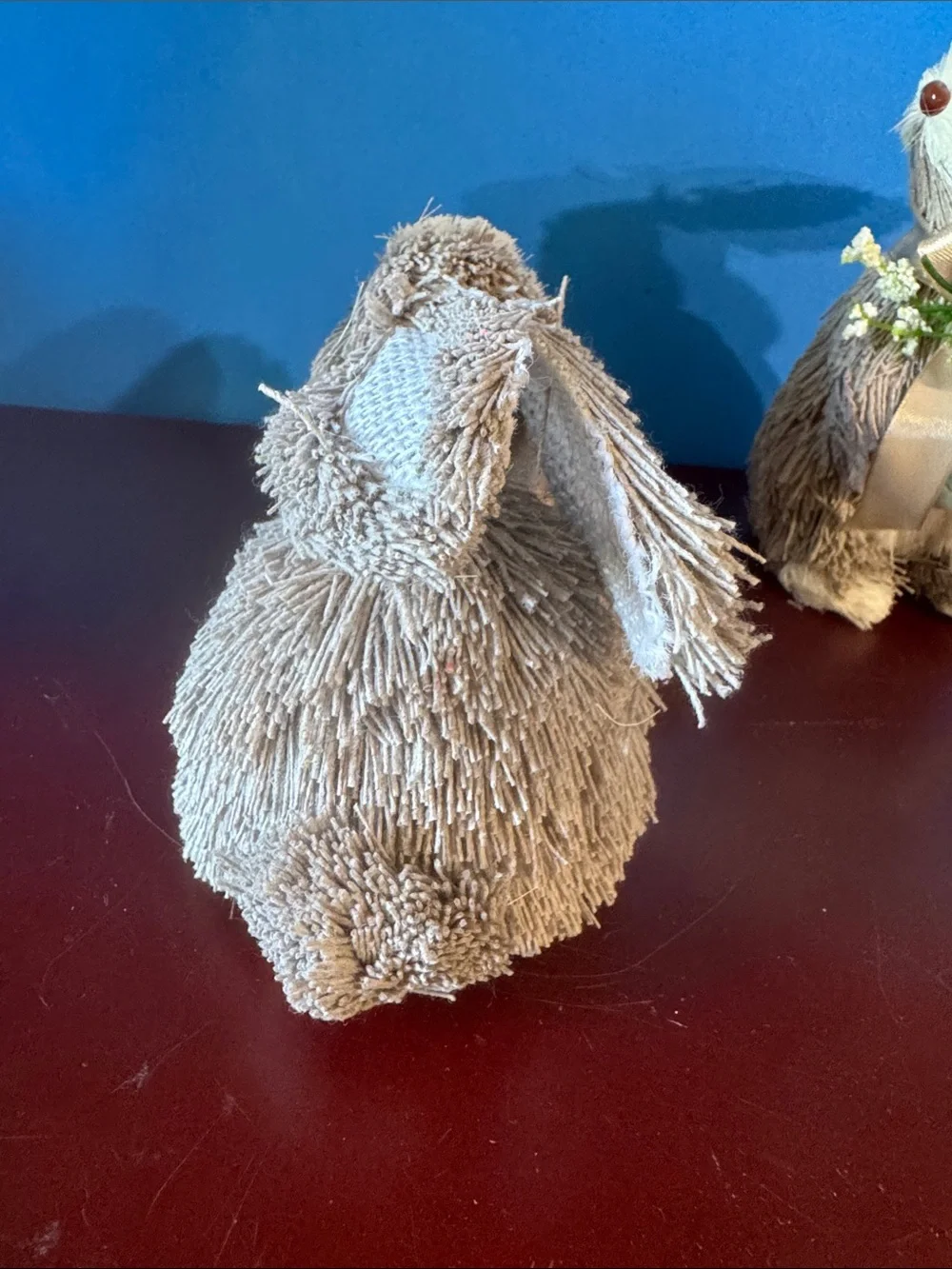 Pair of Easter Bunny Plush Figurines with Pink Rose Accents - Taupe